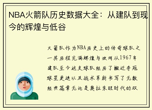 NBA火箭队历史数据大全：从建队到现今的辉煌与低谷